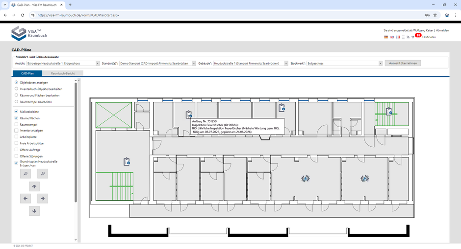 Anzeige von Störungsmeldungen und Aufträgen im CAD-Plan