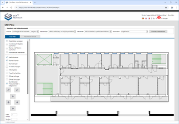 CAD-Plan mit Darstellung von Grundriss und Raumbuch