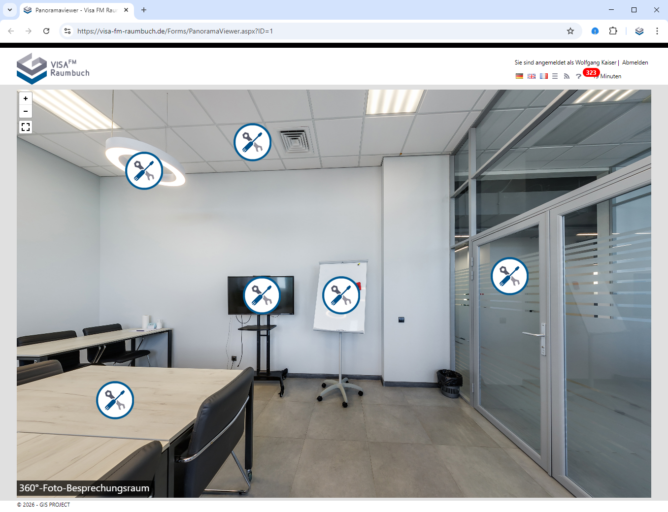 In den 360°-Panoramabildern befinden sich Hotspots um Objektdaten und andere Informationen anzuzeigen